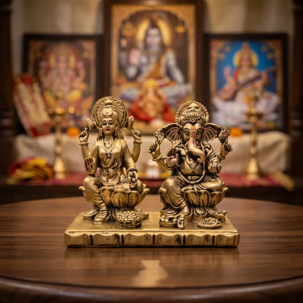 [NVLHD000001] Lakshmi Ganesh Idol Set in Glossy Gold Resin