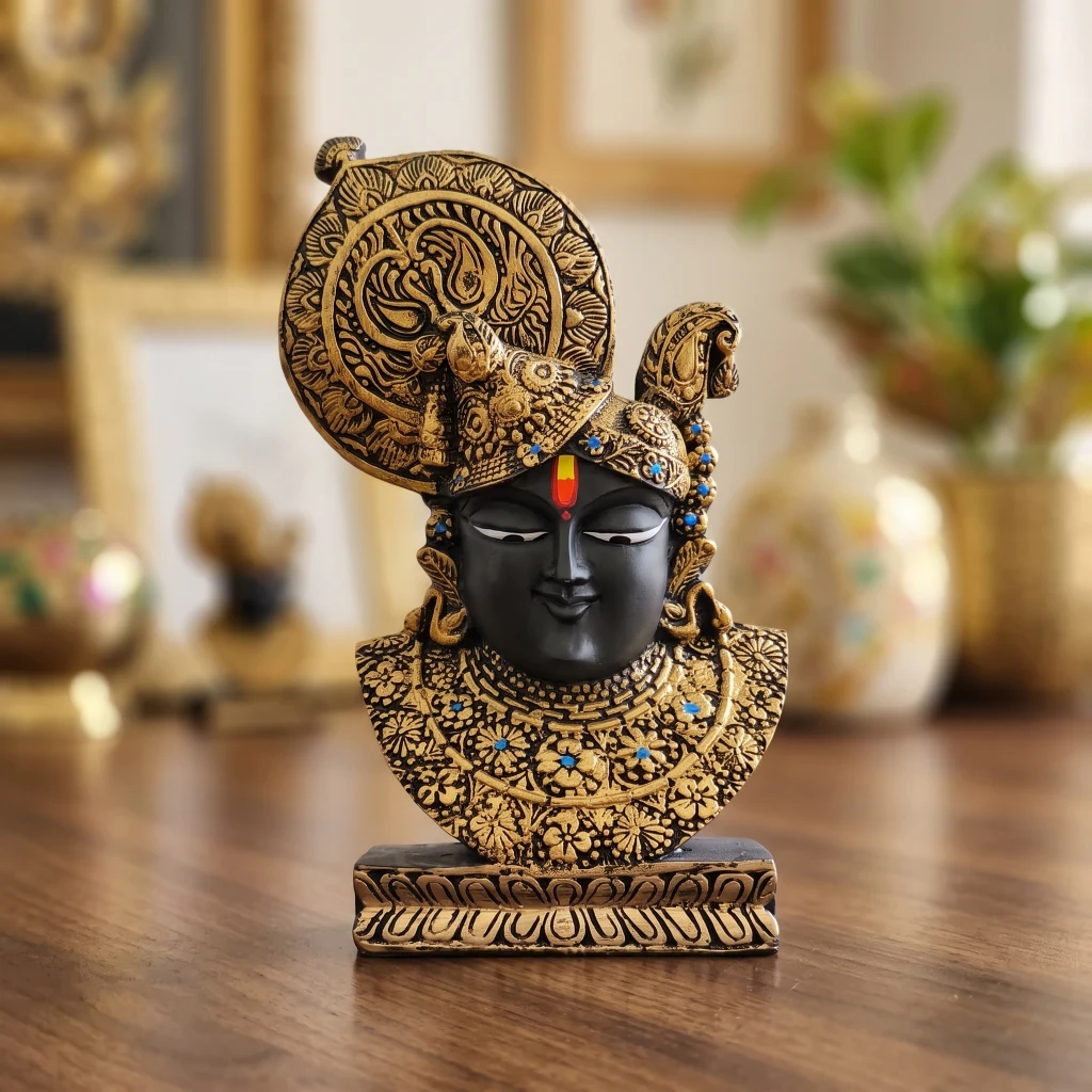 [NVLHD000004] Lord Shrinath Ji Krishna Bust Statue in Gold and Black Resin