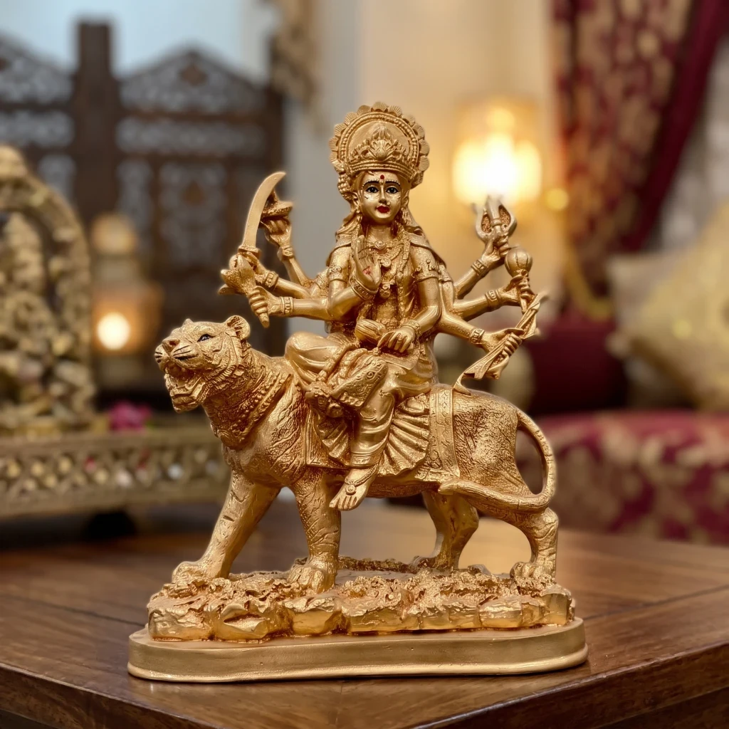[NVLHD000005] Glossy Gold Durga on Lion Resin Figurine