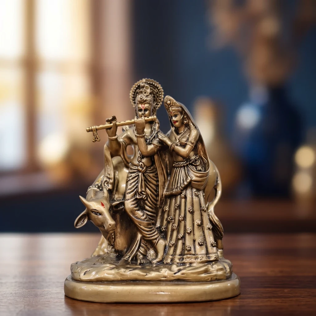[NVLHD000006] Radha Krishna with Cow Gold Resin Figurine