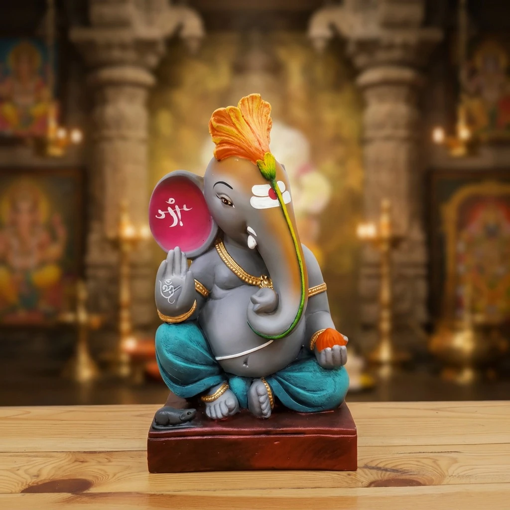 Seated Lord Ganesha Resin Statue in Grey and Bronze