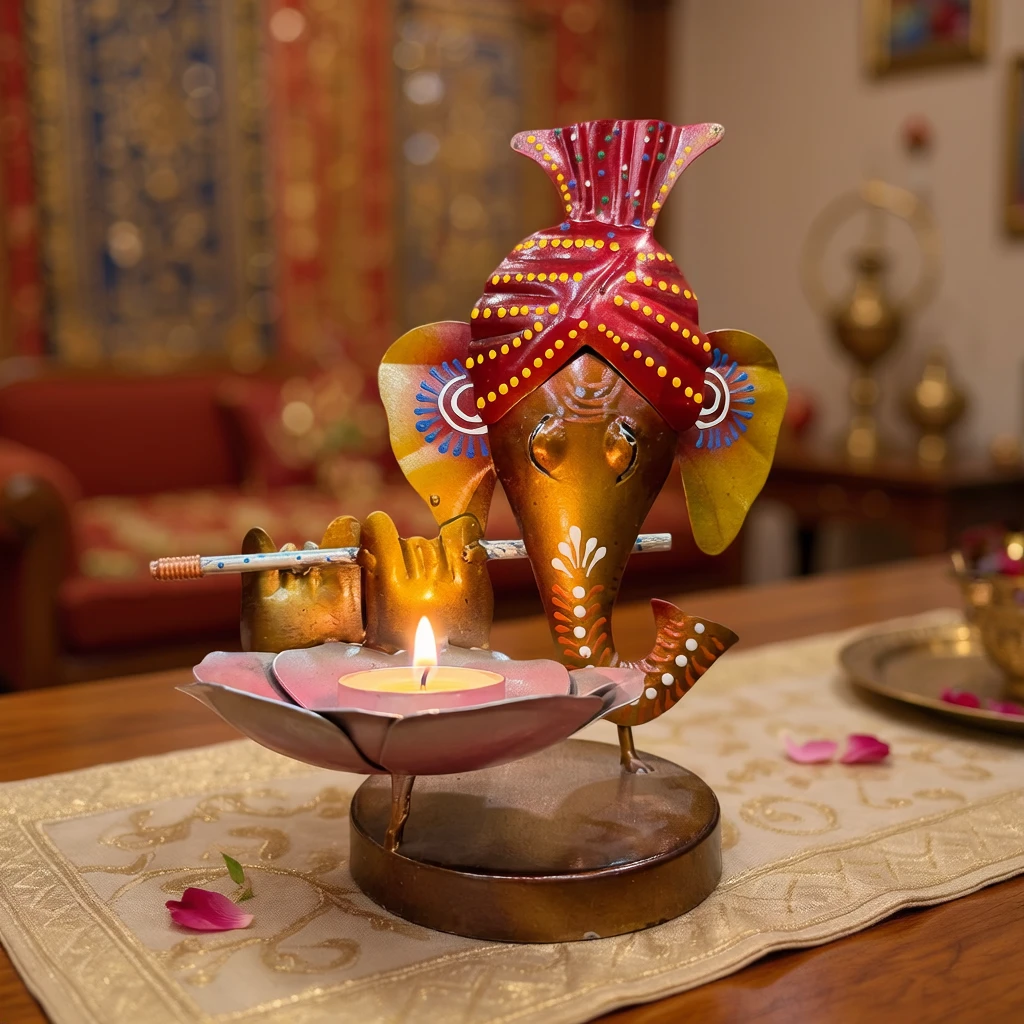 Handmade Metal Lord Ganesha Lotus Tealight Candle Holder